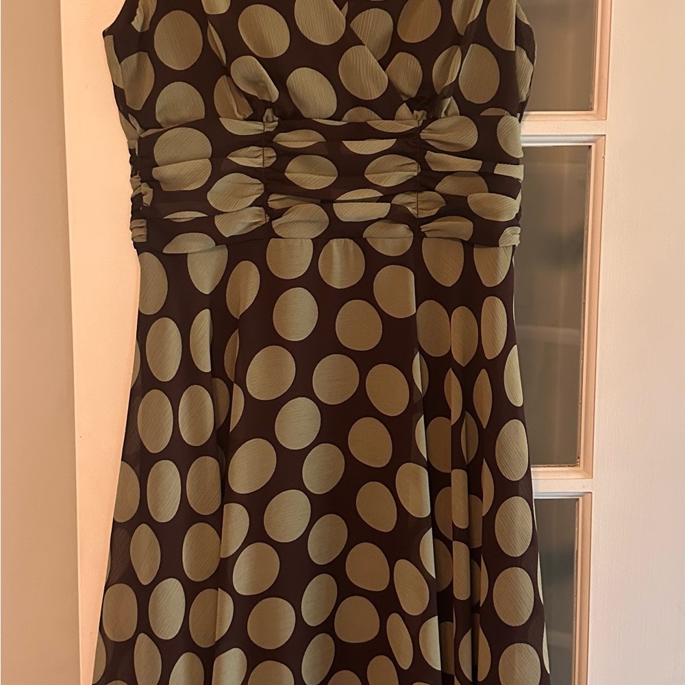 Connected Apparel Brown and Green Polka Dot Midi Dress